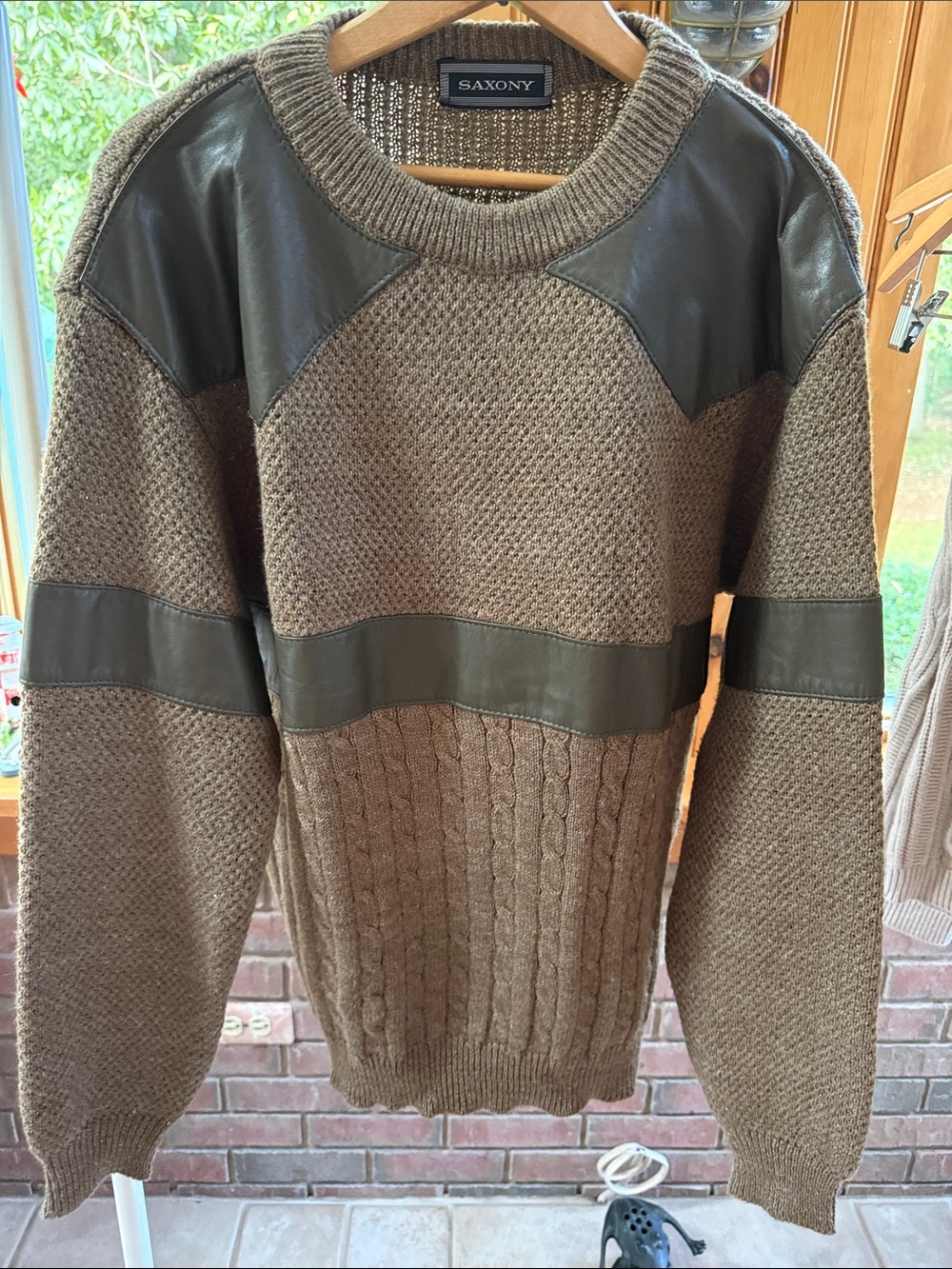 Brown Knit Sweater with Genuine Leather Trim